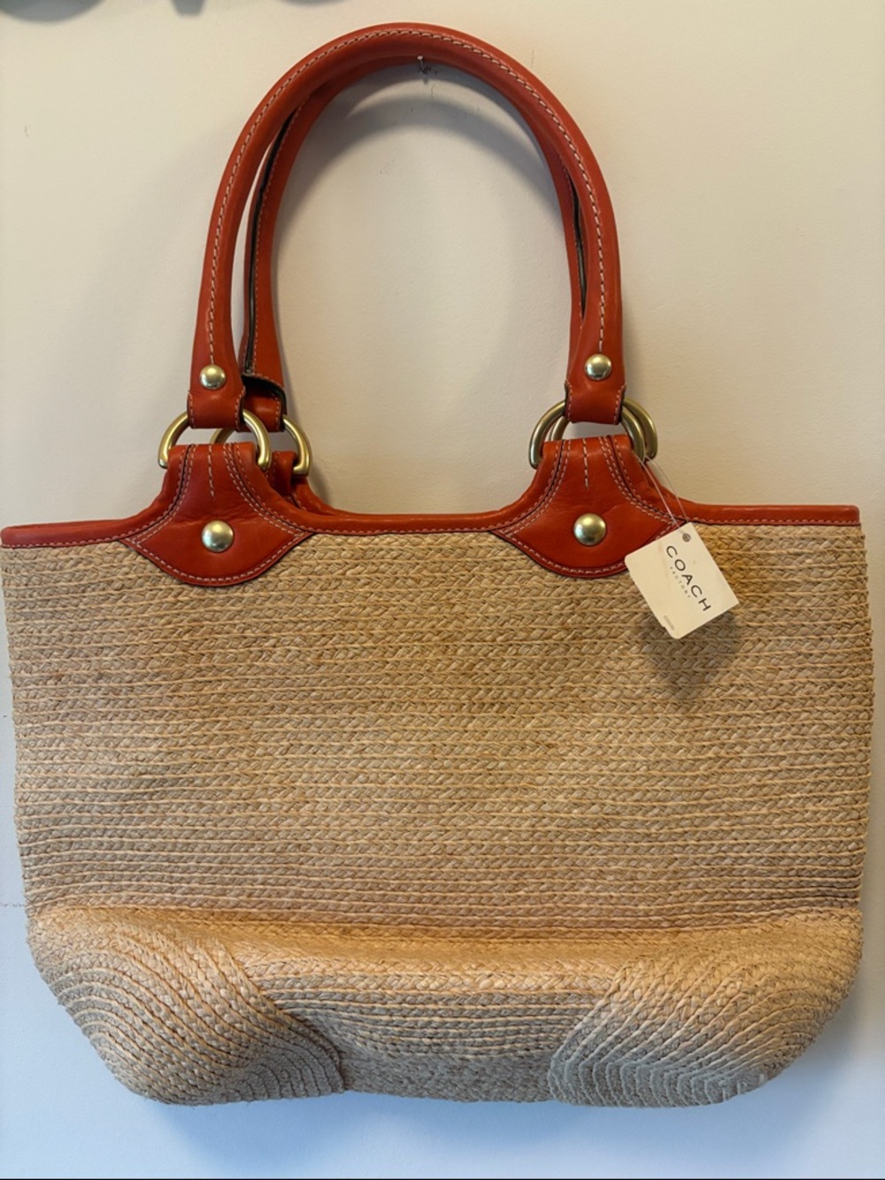 Coach Straw Tote with Red Leather Handles and Flower Charm - Picture 2 of 5